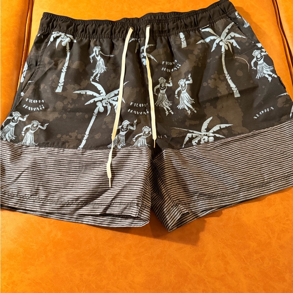 Hurley Swim Trunks with Light Blue Tropical Print and Striped Hem